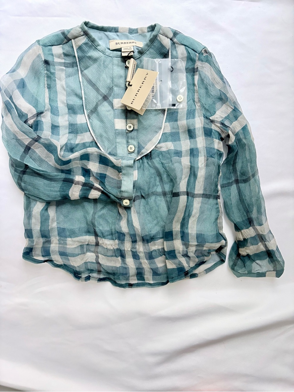 Burberry Teal and White Plaid Button-Up Blouse